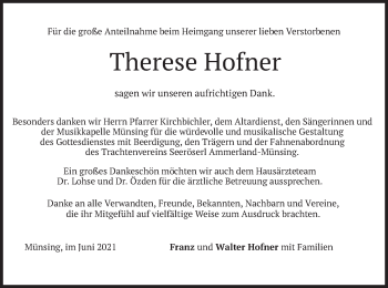 Traueranzeige von Therese Hofner von merkurtz