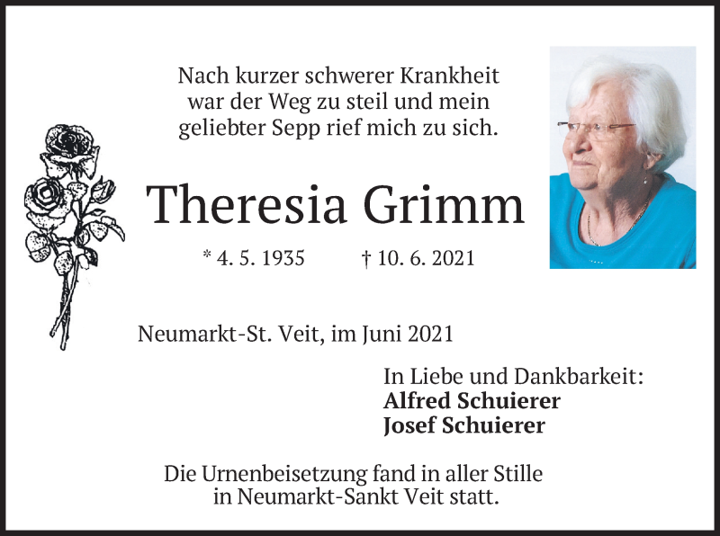  Traueranzeige für Theresia Grimm vom 19.06.2021 aus merkurtz