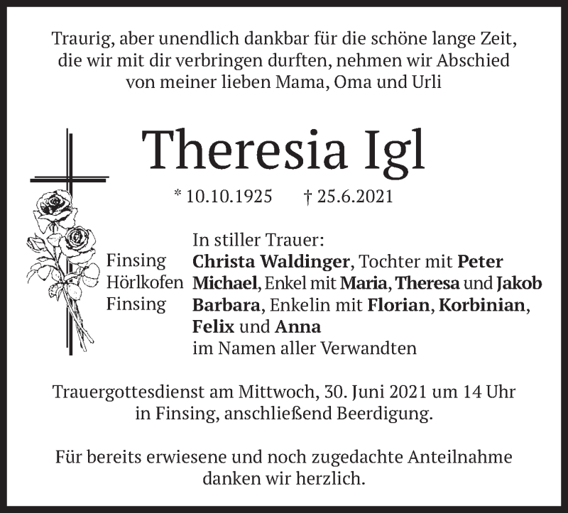  Traueranzeige für Theresia Igl vom 28.06.2021 aus merkurtz