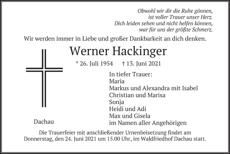  Traueranzeige für Werner Hackinger vom 19.06.2021 aus merkurtz