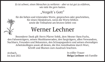 Traueranzeige von Werner Lechner von merkurtz