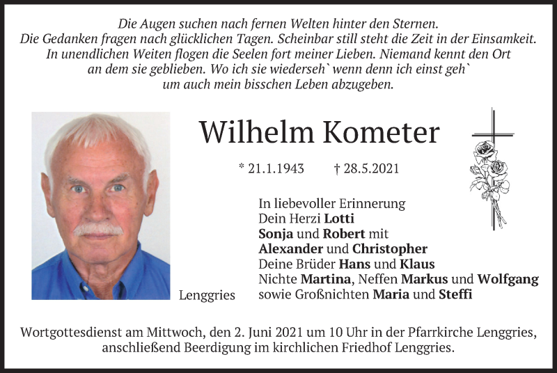  Traueranzeige für Wilhelm Kometer vom 01.06.2021 aus merkurtz