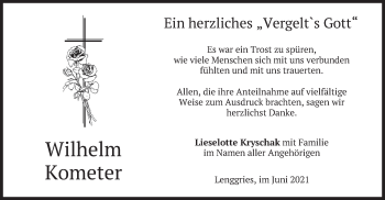 Traueranzeige von Wilhelm Kometer von merkurtz