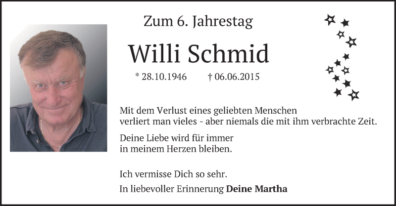  Traueranzeige für Willi Schmid vom 05.06.2021 aus merkurtz