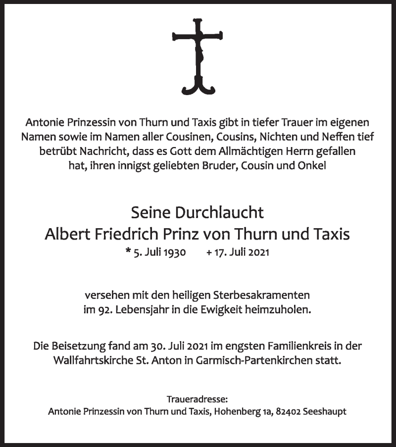  Traueranzeige für Albert Friedrich von Thurn und Taxis vom 31.07.2021 aus merkurtz