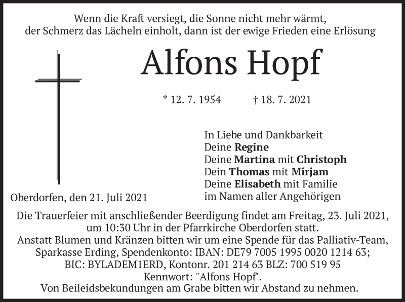  Traueranzeige für Alfons Hopf vom 21.07.2021 aus merkurtz