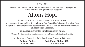 Traueranzeige von Alfons Hopf von merkurtz