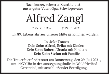 Traueranzeige von Alfred Zangl von merkurtz