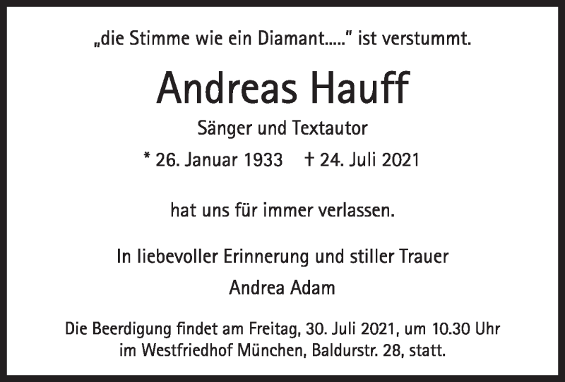  Traueranzeige für Andreas Hauff vom 28.07.2021 aus merkurtz