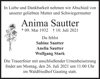 Traueranzeige von Anima Sautter von merkurtz