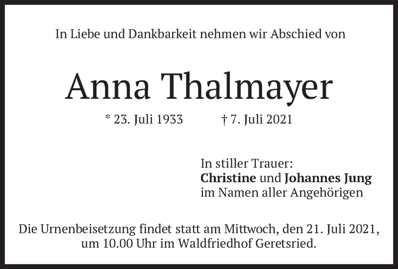  Traueranzeige für Anna Thalmayer vom 17.07.2021 aus merkurtz