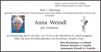 Traueranzeige von Anna Weindl von merkurtz