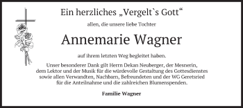Traueranzeige von Annemarie Wagner von merkurtz