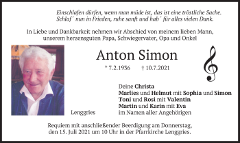 Traueranzeige von Anton Simon von merkurtz