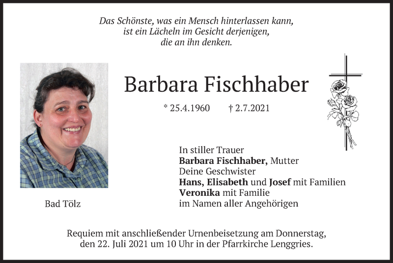  Traueranzeige für Barbara Fischhaber vom 20.07.2021 aus merkurtz