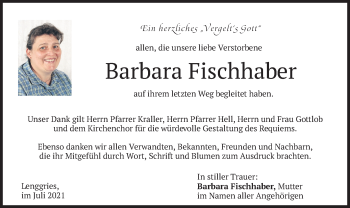Traueranzeige von Barbara Fischhaber von merkurtz