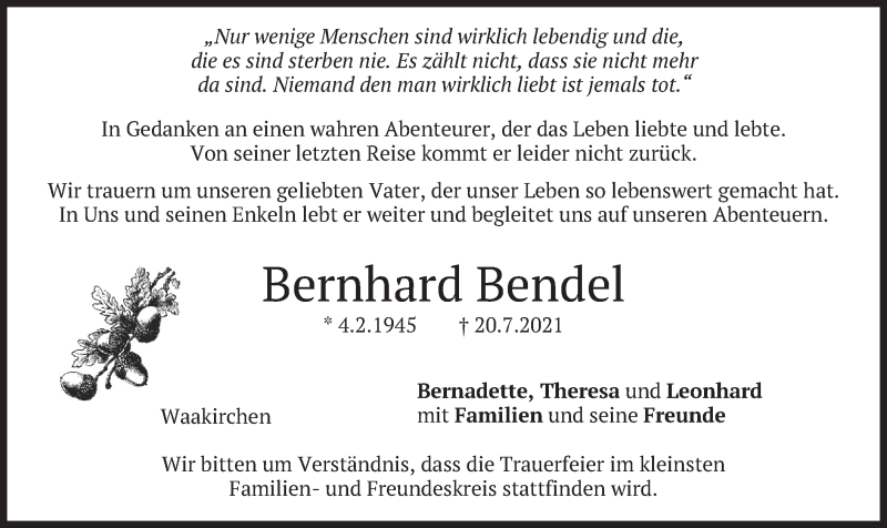  Traueranzeige für Bernhard Bendel vom 24.07.2021 aus merkurtz