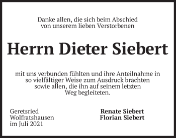 Traueranzeige von Dieter Siebert von merkurtz