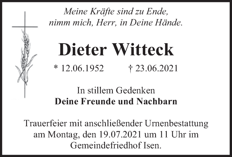  Traueranzeige für Dieter Witteck vom 15.07.2021 aus merkurtz