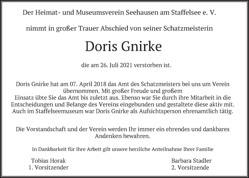  Traueranzeige für Doris Gnirke vom 31.07.2021 aus merkurtz