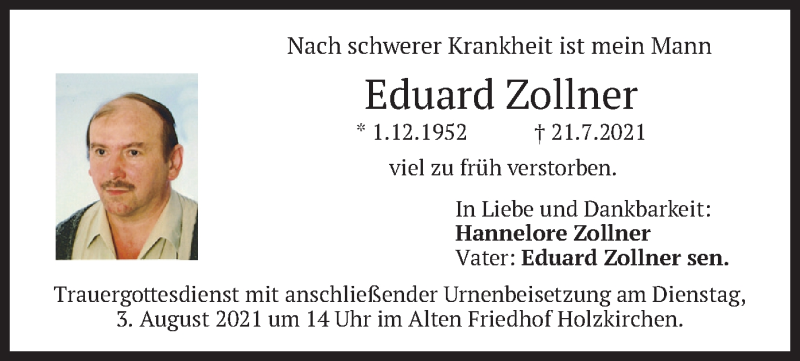  Traueranzeige für Eduard Zollner vom 24.07.2021 aus merkurtz
