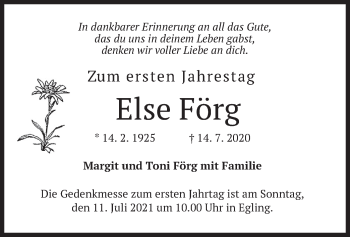 Traueranzeige von Else Förg von merkurtz