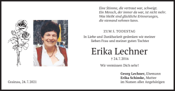 Traueranzeige von Erika Lechner von merkurtz