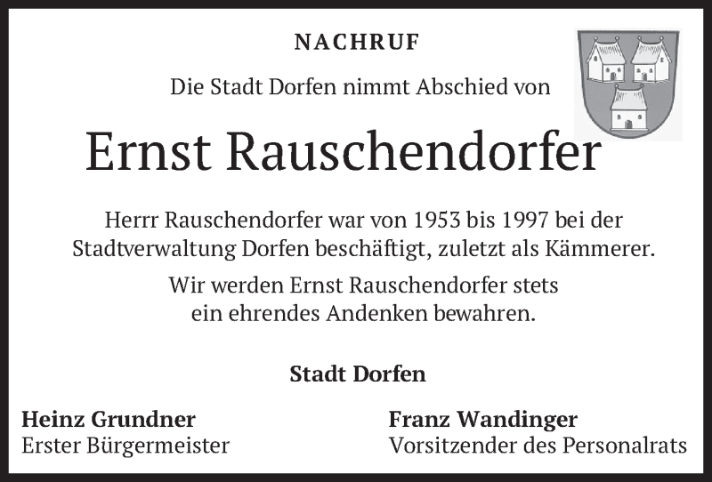  Traueranzeige für Ernst Rauschendorfer vom 26.07.2021 aus merkurtz