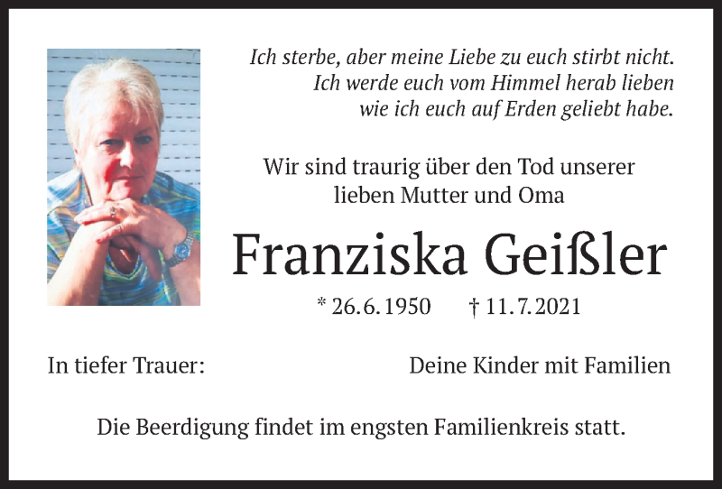  Traueranzeige für Franziska Geißler vom 17.07.2021 aus merkurtz