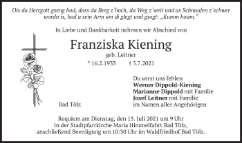Traueranzeige von Franziska Kiening von merkurtz