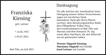 Traueranzeige von Franziska Kiening von merkurtz