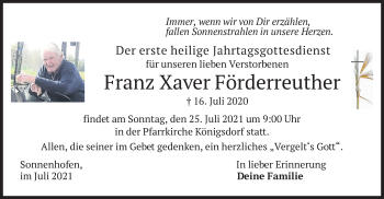 Traueranzeige von Franz Xaver Förderreuther von merkurtz