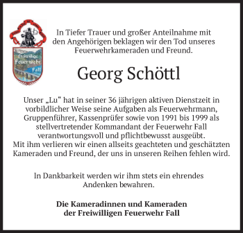 Traueranzeige von Georg Schöttl von merkurtz