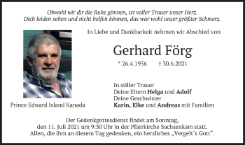 Traueranzeige von Gerhard Förg von merkurtz