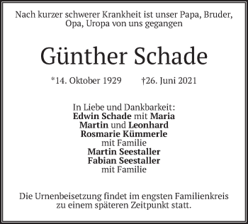 Traueranzeige von Günther Schade von merkurtz