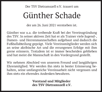 Traueranzeige von Günther Schade von merkurtz