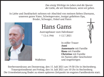 Traueranzeige von Hans Gams von merkurtz