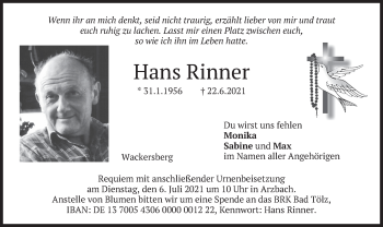 Traueranzeige von Hans Rinner von merkurtz