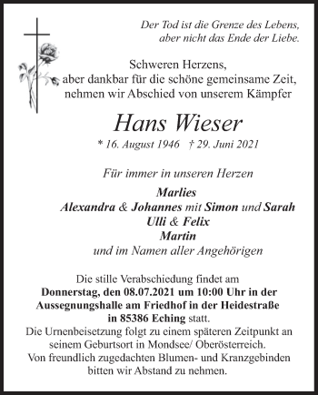 Traueranzeige von Hans Wieser von merkurtz