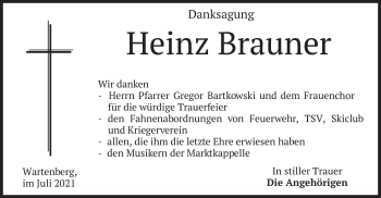 Traueranzeige von Heinz Brauner von merkurtz