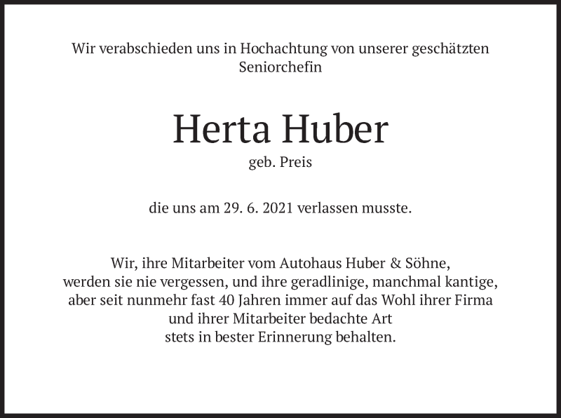  Traueranzeige für Herta Huber vom 03.07.2021 aus merkurtz