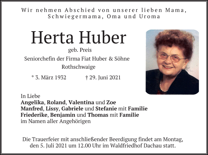  Traueranzeige für Herta Huber vom 03.07.2021 aus merkurtz