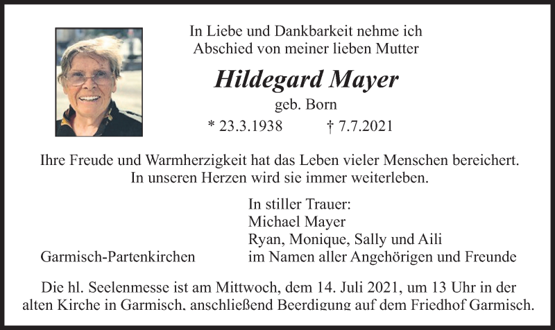  Traueranzeige für Hildegard Mayer vom 10.07.2021 aus merkurtz