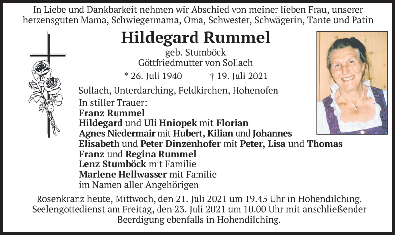  Traueranzeige für Hildegard Rummel vom 21.07.2021 aus merkurtz