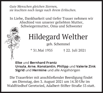 Traueranzeige von Hildegard Welther von merkurtz