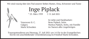 Traueranzeige von Inge Piplack von merkurtz