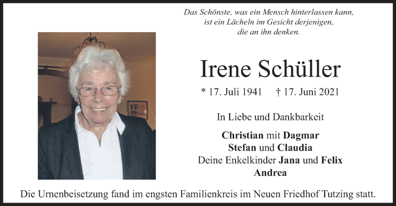 Traueranzeigen von Irene Schüller | trauer.merkur.de