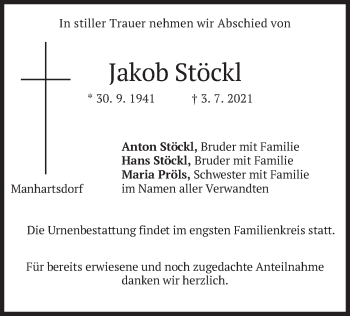 Traueranzeige von Jakob Stöckl von merkurtz