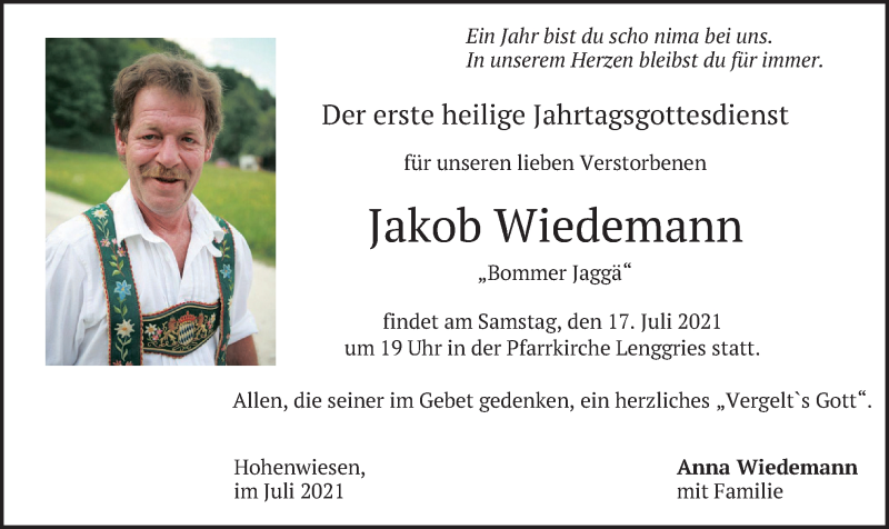  Traueranzeige für Jakob Wiedemann vom 15.07.2021 aus merkurtz