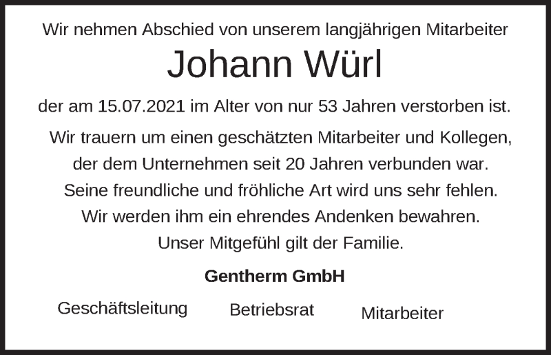  Traueranzeige für Johann Würl vom 31.07.2021 aus merkurtz